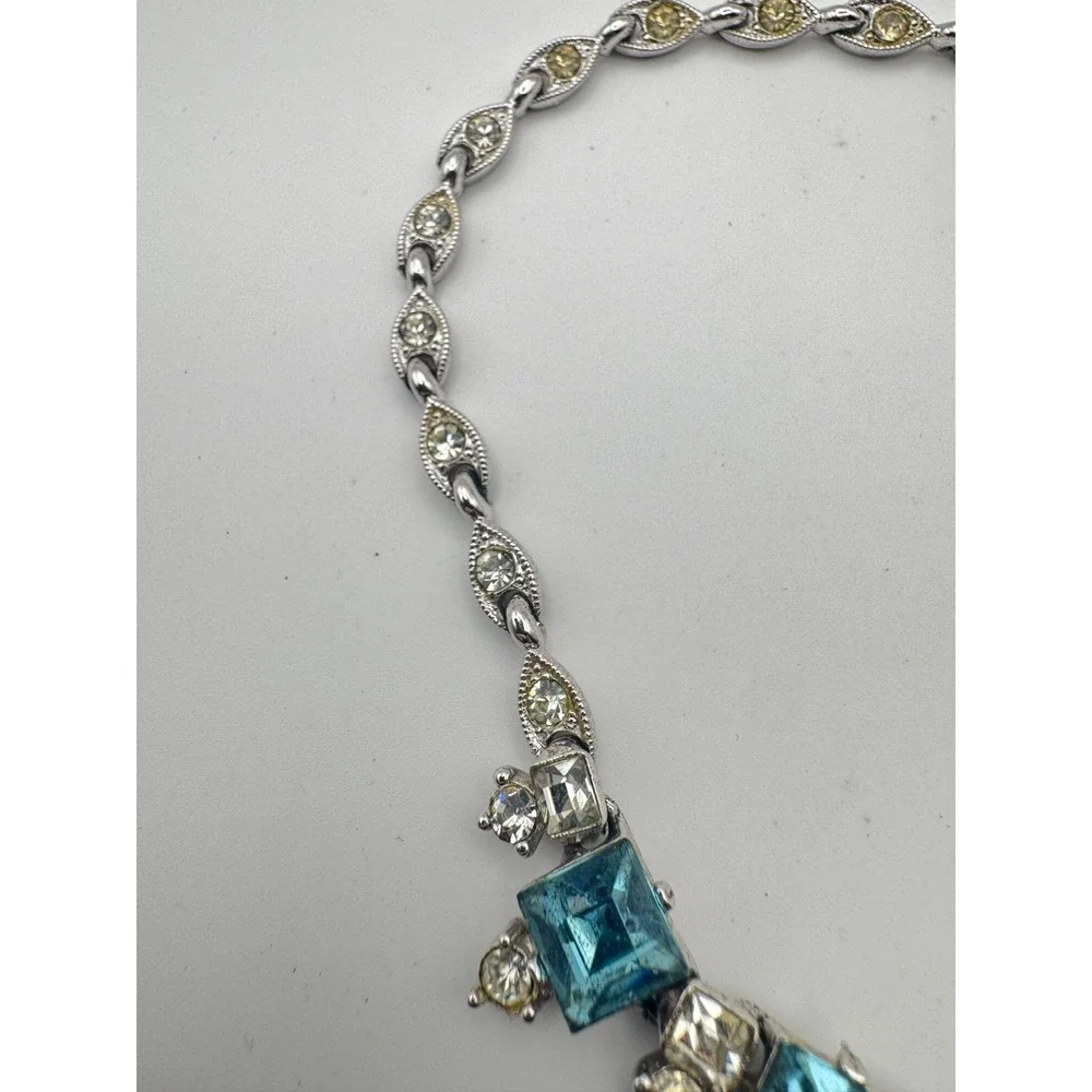 Vintage BOGOFF Necklace Blue Rhinestone Silver Tone MCM Aqua Teal